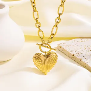 Chunky Puffy Heart Necklace Stainless Steel Paperclip Chain Toggle Clasp Statement Jewelry