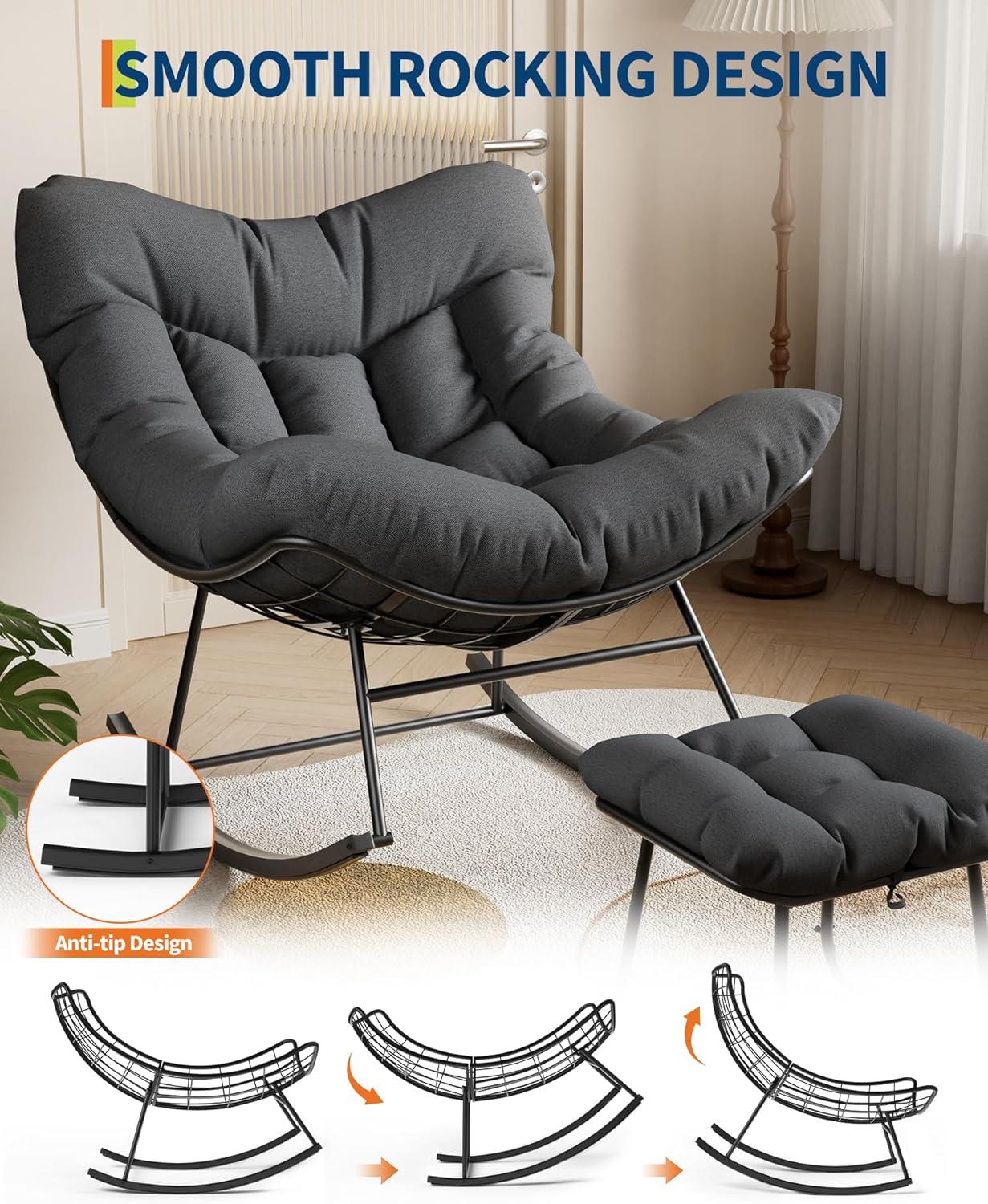Outdoor Oversized Papasan Rocking Chair with Footrest, Patio Lounge Chair with Ottoman and Sturdy Metal Frame, Patio Rattan Egg Rocker for Balcony Backyard Porch Bedroom