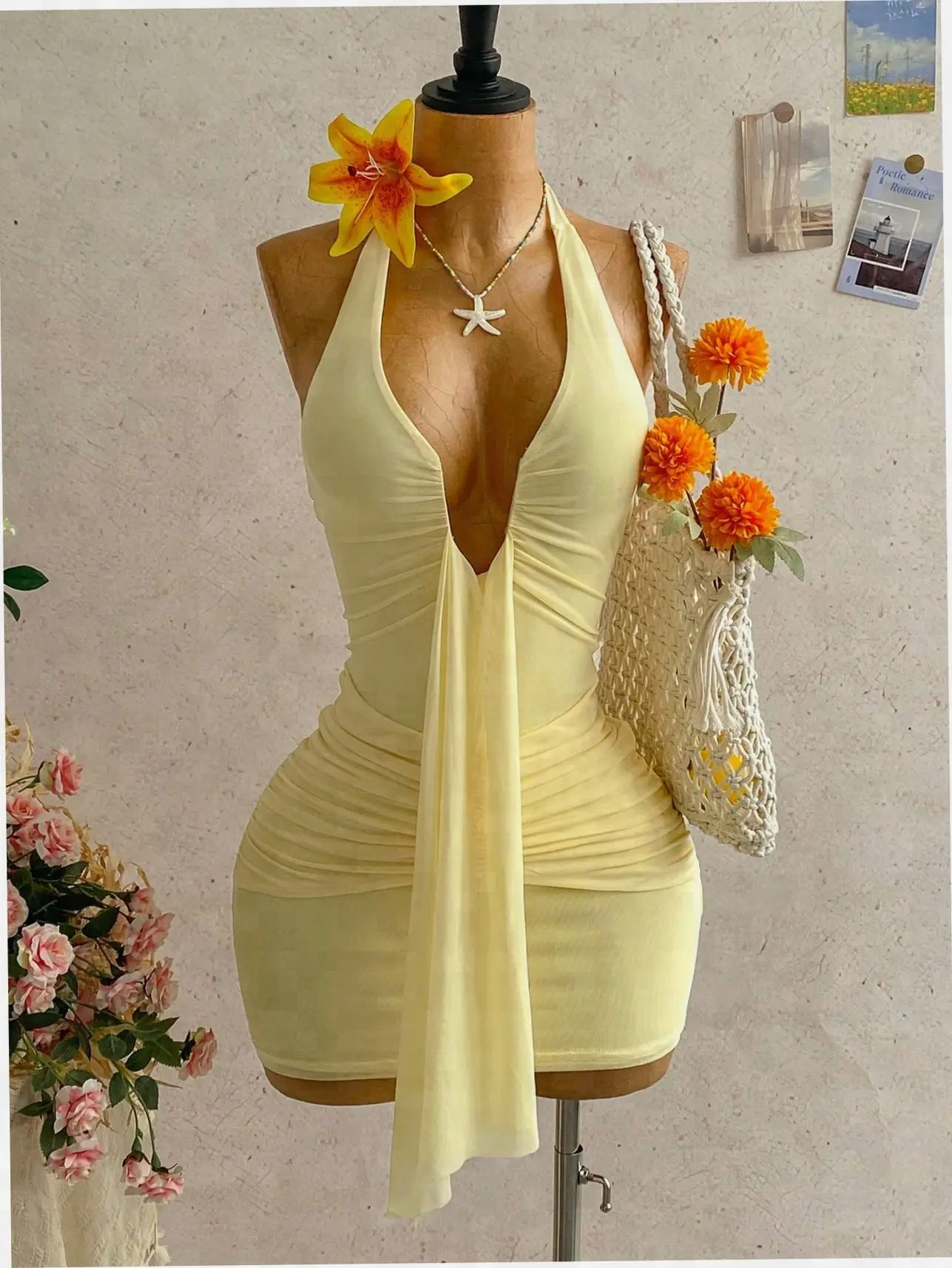 FLASH Halter mini dress ruched deep v-neck bow tie yellow summer vacation beach party outfit