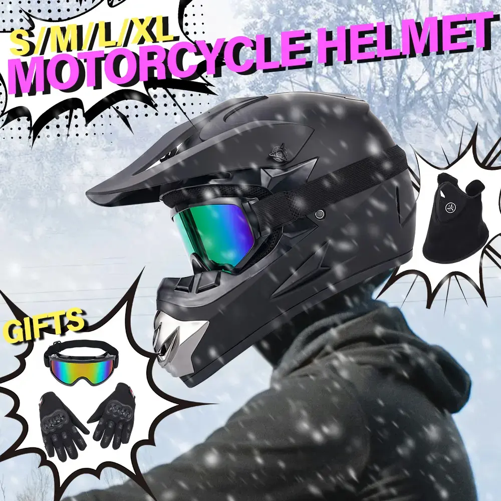 Adult Dirt Bike Helmet, DOT Compliant Full Face Motocross Helmet 4-Piece Set with Goggles, Gloves and Face Mask, Matte Black ABS Shell, High-Density EPS Liner, Adjustable Visor, Ventilated Removable Padding for Motorcycle, ATV, UTV and Off-Road Riding