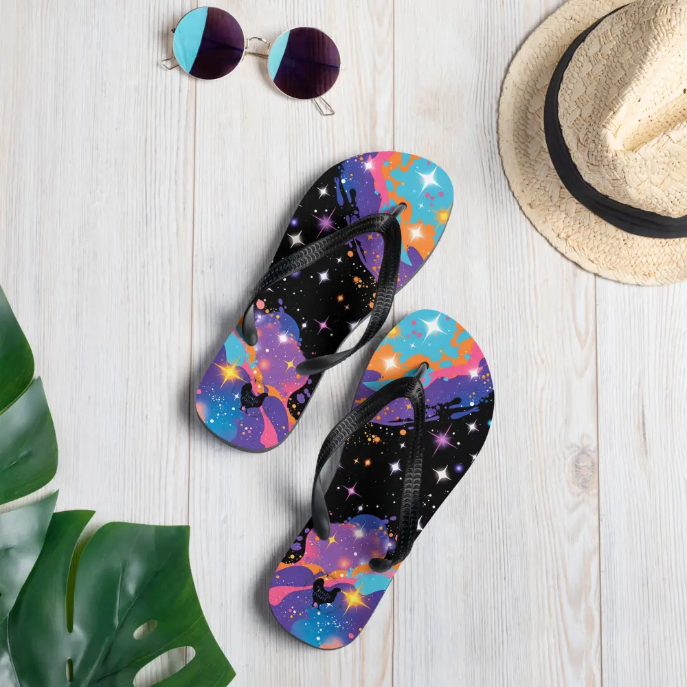 Cosmic Galaxy Swirl Flip Flops, Colorful Starry Sky Print Sandals, Pink Blue Purple Beach Sandals, Comfortable Summer Flip Flops, Trendy Vacation Footwear, Casual Pool Sandals, Gift for Her