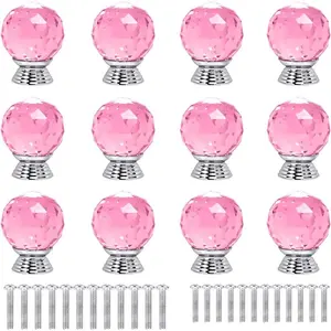 12 Pcs 30mm Round Shape Crystal Glass Cabinet Knobs with Screws Drawer Knob Pull Handle Used for Kitchen, Dresser, Door, Cupboard(Pink)