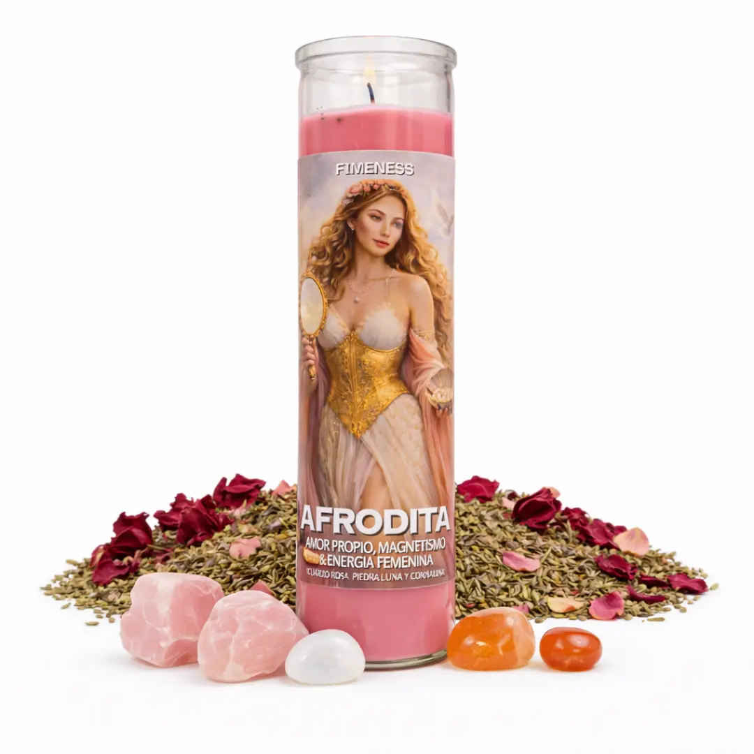 FIMENESS - APHRODITE SEVEN DAY PRAYER CANDLE - CRYSTAL AND HERB INFUSED FIMENESS - APHRODITE SEVEN DAY PRAYER CANDLE - CRYSTAL AND HERB INFUSED