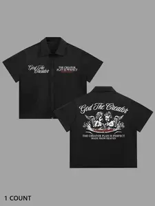 Men's Short Sleeve Shirt with Angel Letter Print, Street Style Casual Fashion, Fitted Design for Daily Wear