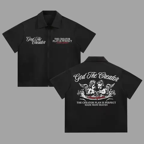 Men's Short Sleeve Cool Streetwear Shirt with Angel Letter Graphic Print, Casual Collared Shirt, Casual Streetwear Style, Streetwear Casual Fashion, Fitted Design for Daily Wear