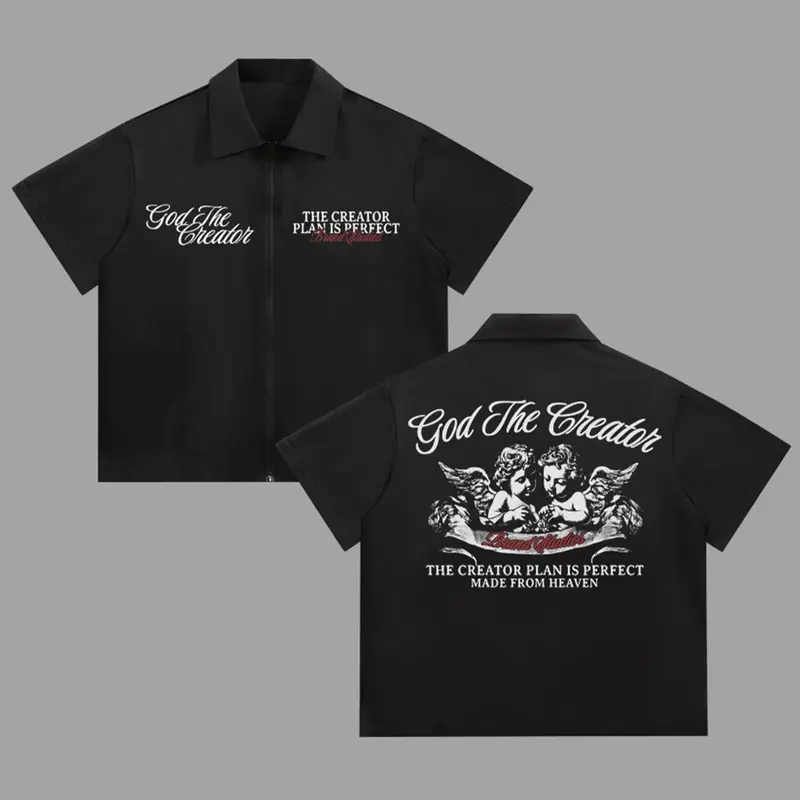 Men's Short Sleeve Cool Streetwear Shirt with Angel Letter Graphic Print, Casual Collared Shirt, Casual Streetwear Style, Streetwear Casual Fashion, Fitted Design for Daily Wear