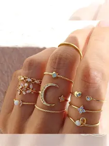 Star Moon Ring Set, 10 Pcs Heart Leaf Geometric Rings, Stackable Rings, Vintage Women's Jewelry, Elegant Simple Design, Perfect Gift for Holidays
