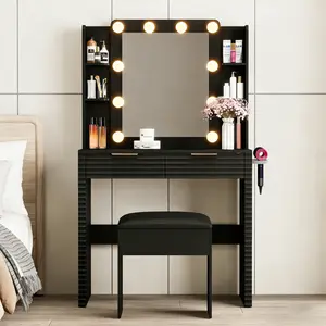 Aobtkel®Makeup Vanity Desk with 10 Hollywood Bulbs, Fluted Dressing Table with Charging Station, 2 Drawers and 4 Open Shelves, Hairdryer Holder, Padded Stool with Storage , Black