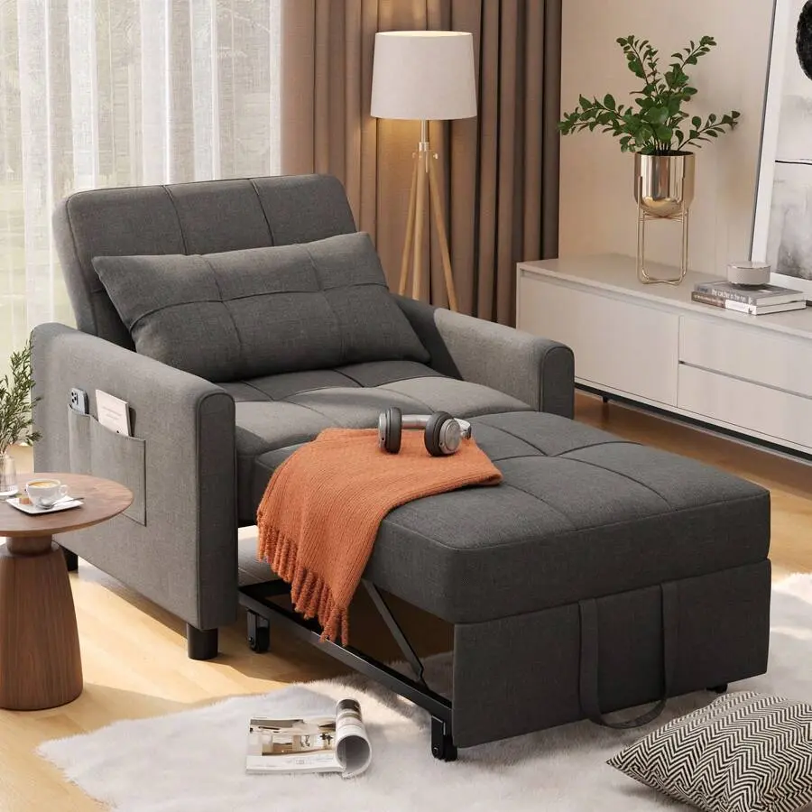 3-in-1 Convertible Sofa Bed - Pull-Out Sleeper with 3 Backrest Angles, Reclining Backrest, MDF Frame, Oversized Arms, Side Pockets, Faux Fur Modern Black White Color Block, Drawers, Lounge Sofa for Small Living Room, Bedroom, Adjustable