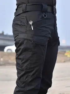 Men's Multi-Pocket Work Pants, Elastic Waist, Durable Fabric, Ideal for Hiking, Cycling, Fishing, Tactical Camping, Solid Color, Flexible Workwear