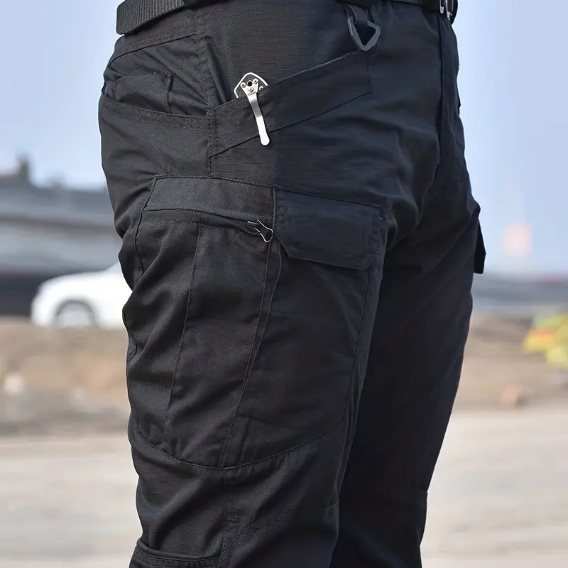 Men's Multi-Pocket Cargo Work Pants, Elastic Waist, Durable Fabric, Ideal for Outdoor Hiking, Cycling, Fishing and Tactical Camping, Solid Color, Flexible Workwear, Combat Work Pants