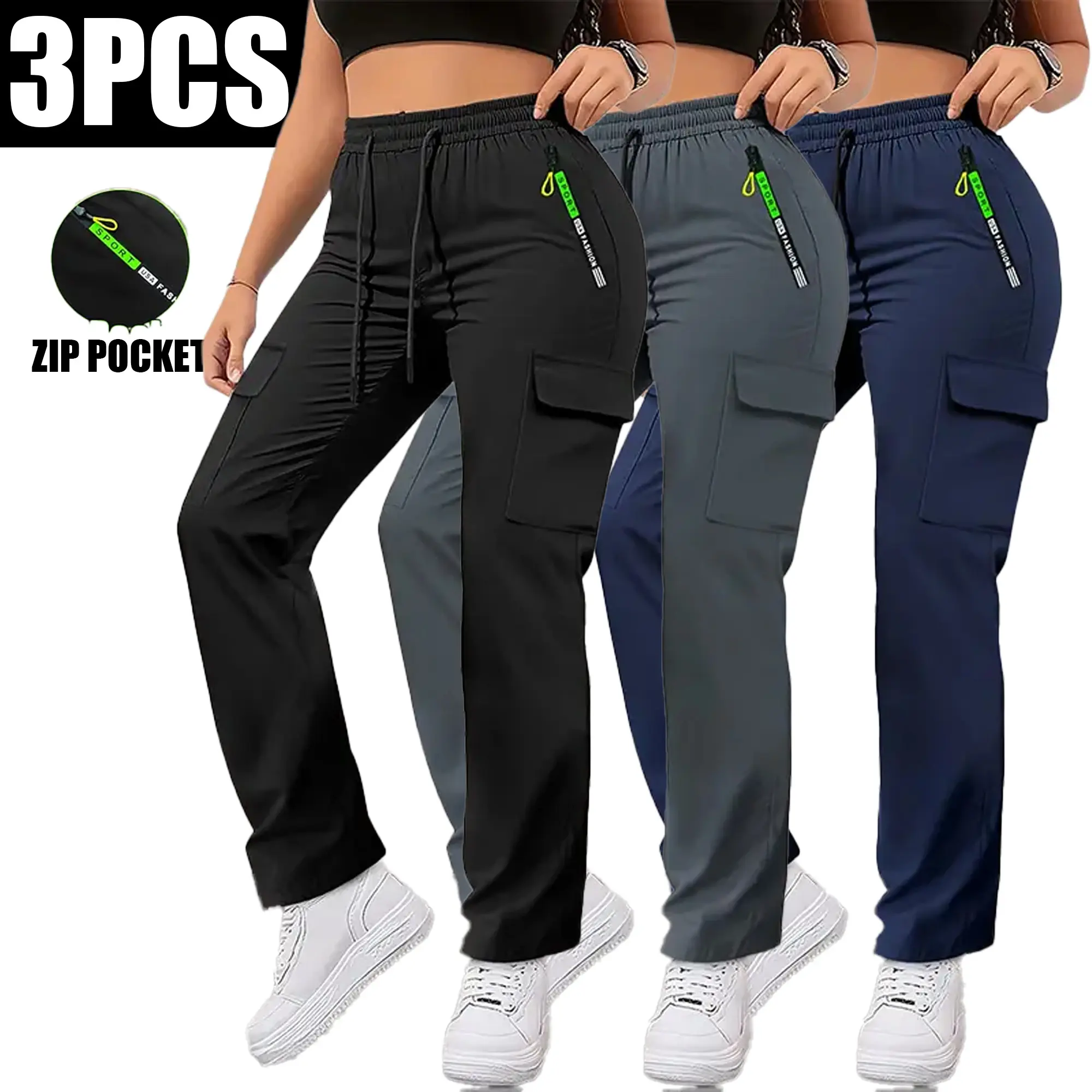Women’s 3-pack cargo pants for spring/autumn, featuring a green colorway and zippered pockets; stylish design with large patch pockets and a drawstring elastic waistband. Casual outdoor long pants suitable for jogging and everyday wear., Cargo Pants Women