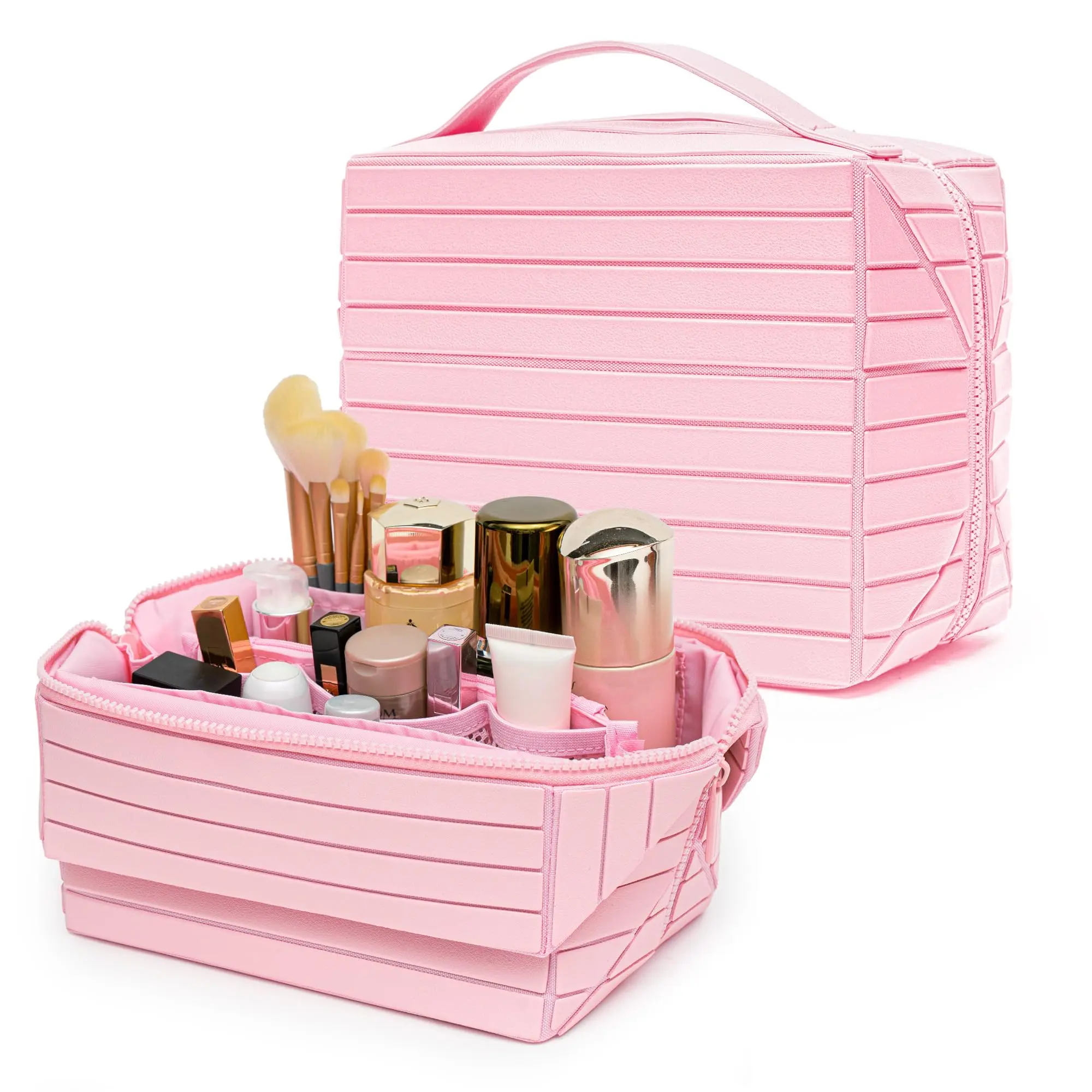 Large capacity travel makeup bag, high-quality PU leather wash bag, women's makeup storage box, portable cosmetics storage bag, beauty storage bag, wide opening crossbody bag, toiletries accessories, foldable design and adjustable compartment.