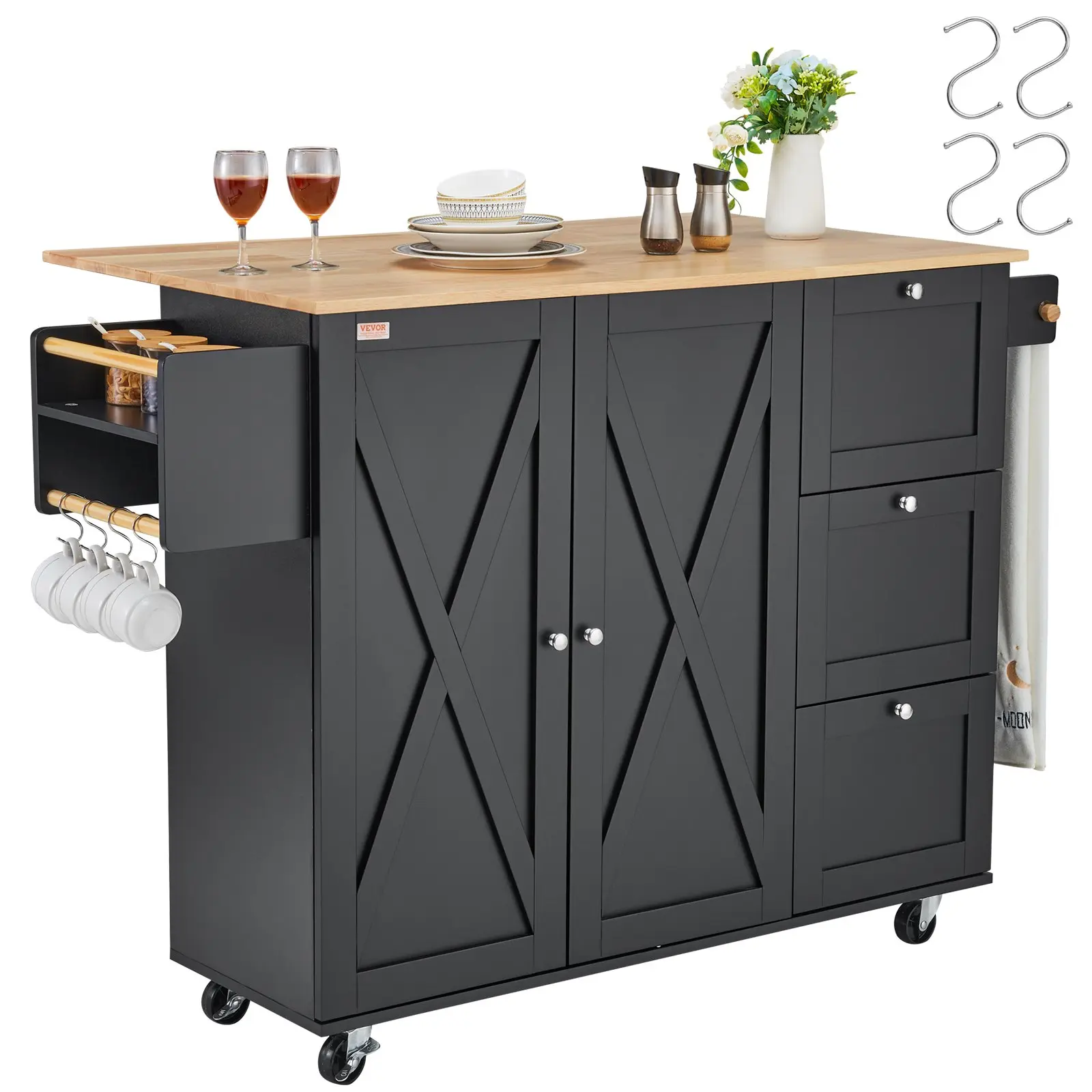 VEVOR Kitchen Island Cart, 56 Wood Top Mobile Carts with Storage Cabinet, Rolling Table with Drop Leaf, Spice Rack, Towel Bar, Adjustable Shelf, Drawer, and Hooks, Portable Islands on Wheels, Black