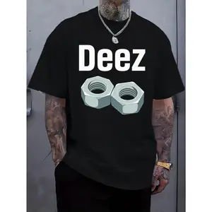 Graphic T-Shirt Men’s Casual Loose Fit White Tee – Bold "Deez Nuts" Text & Graphics, Round Neck, Summer Streetwear, Everyday Comfort, Machine Washable, Trendy Graphic Top