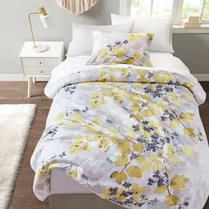 360 stand Twin Size Alexis 6-Piece Bedding Set with Comforter and Bed Sheets, 66x90x1.5in Yellow Leaf Print, Modern Botany Design, Side Pockets for Twin Beds