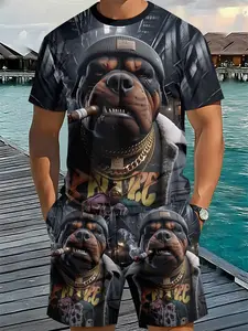 Trendy Dog Style Men's Street 3D Digital Printed Two-Piece Set, 2Pcs, Trendy Fashion Set, Trendy Retro Casual Two-Piece Set, Vacation Style Trendy Outfit, Breathable Sports Casual Style, Streetwear, Menswear, Clothes, Perfect Holiday Gift for Men