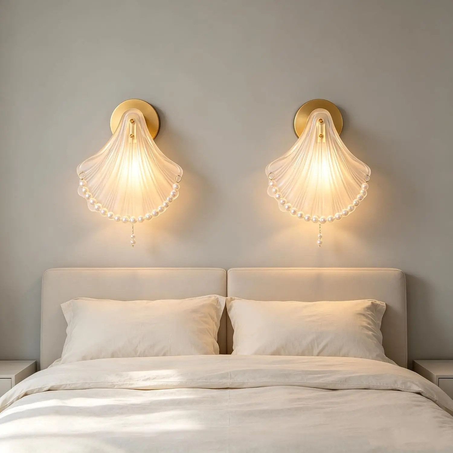 Set of 2 Dimmable LED Shell Glass Shade Wall Sconces, 15-Color Battery-Operated Indoor Wall Lamp with Timer Control, Pearl Chain Gradient Flash Light, No Hardwiring for Bedroom Decor