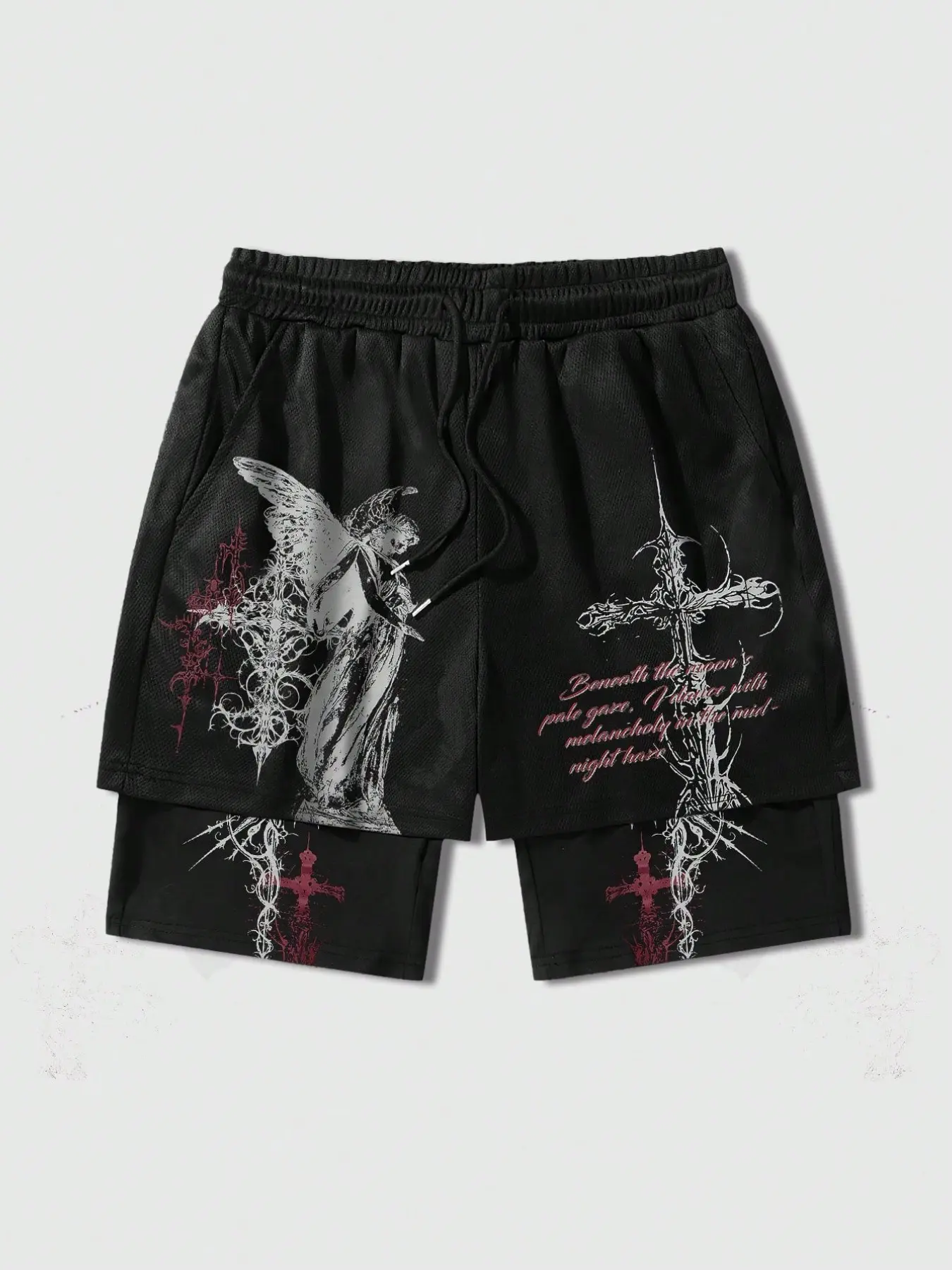 Men's Gothic Cybercore 2-in-1 Mesh Shorts - Oversized Double Layer Streetwear Bottoms with Vintage Angel & Thorn Cross Graphic Print - Aesthetic Dark Grunge Hip Hop Loose Fit Shorts for Summer 2026