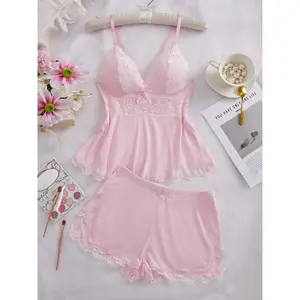 Women's Solid Color Lace Trim Cami Top & Shorts Pyjama Two-piece Set, Casual Comfy Camisole & Shorts PJ Set, Women's Sleepwear & Loungewear for All Seasons, Lingerie