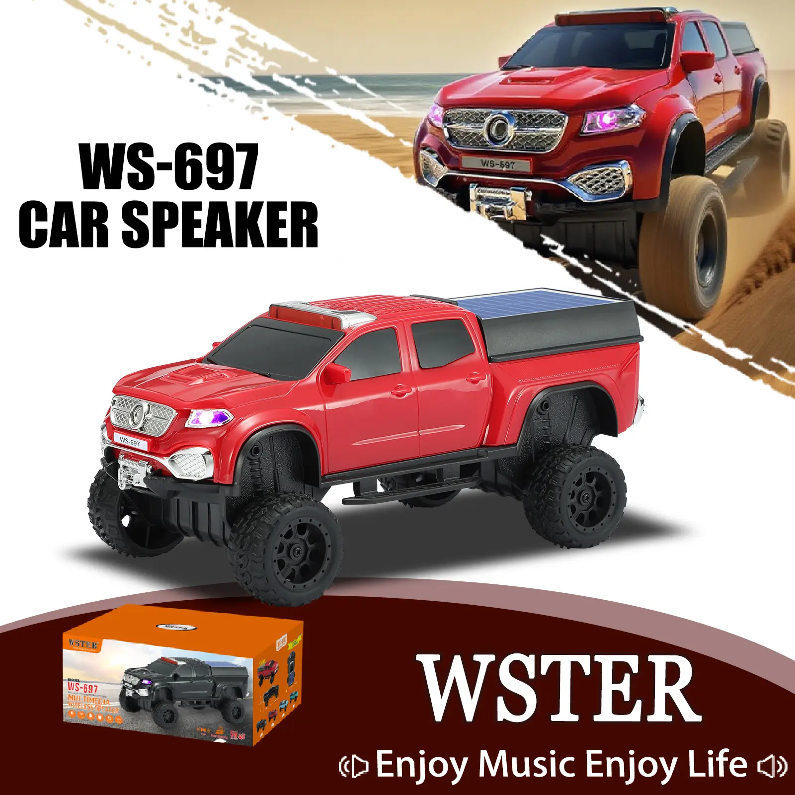 WSTER WS-697 Car Bluetooth Speaker with LED Party Light FM Radio TWS Pairing Hands-Free Calling USB TF Playback Solar Charging Stereo Audio Birthday Gift TikTokShopBlackFriday Gift Recommendations for Christmas
