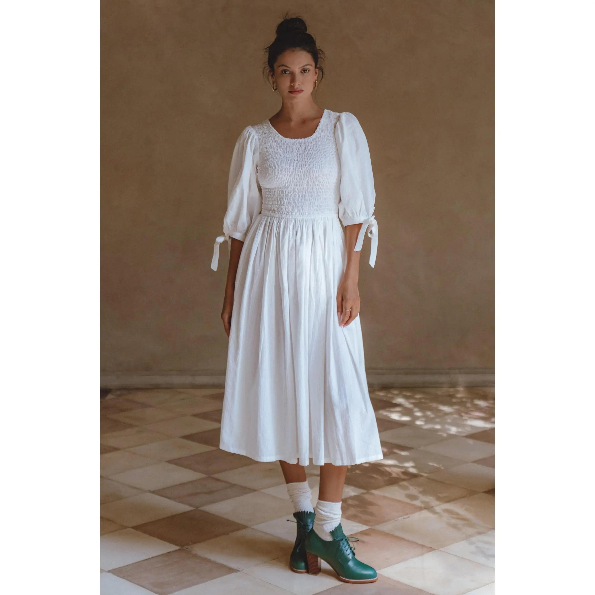 Freya Smocked Linen Midi Dress - White