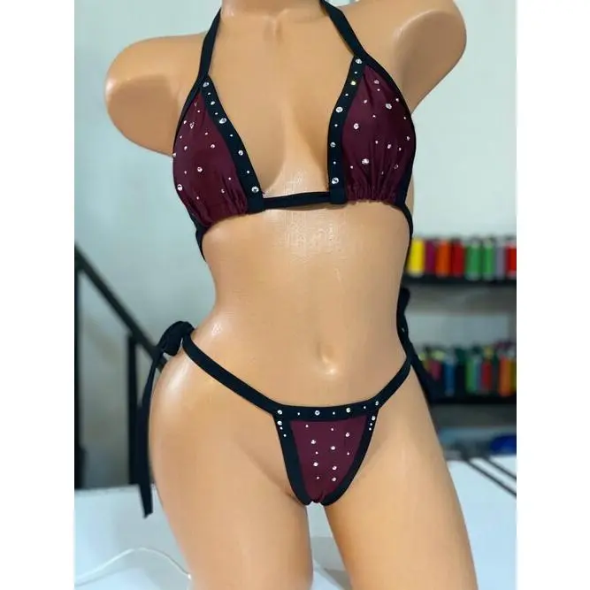 SIDE 2 SIDE Maroon Bikini Set with Black Trim & Crystal Embellishments - One Size Fits Most Tie-Side Swimsuit