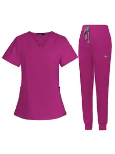 Women's Plus Size 2-Piece Scrubs Set, V-Neck Short Sleeve Top & Jogger Pants, Stretch Nursing Uniform with Pockets for Doctors & Nurses