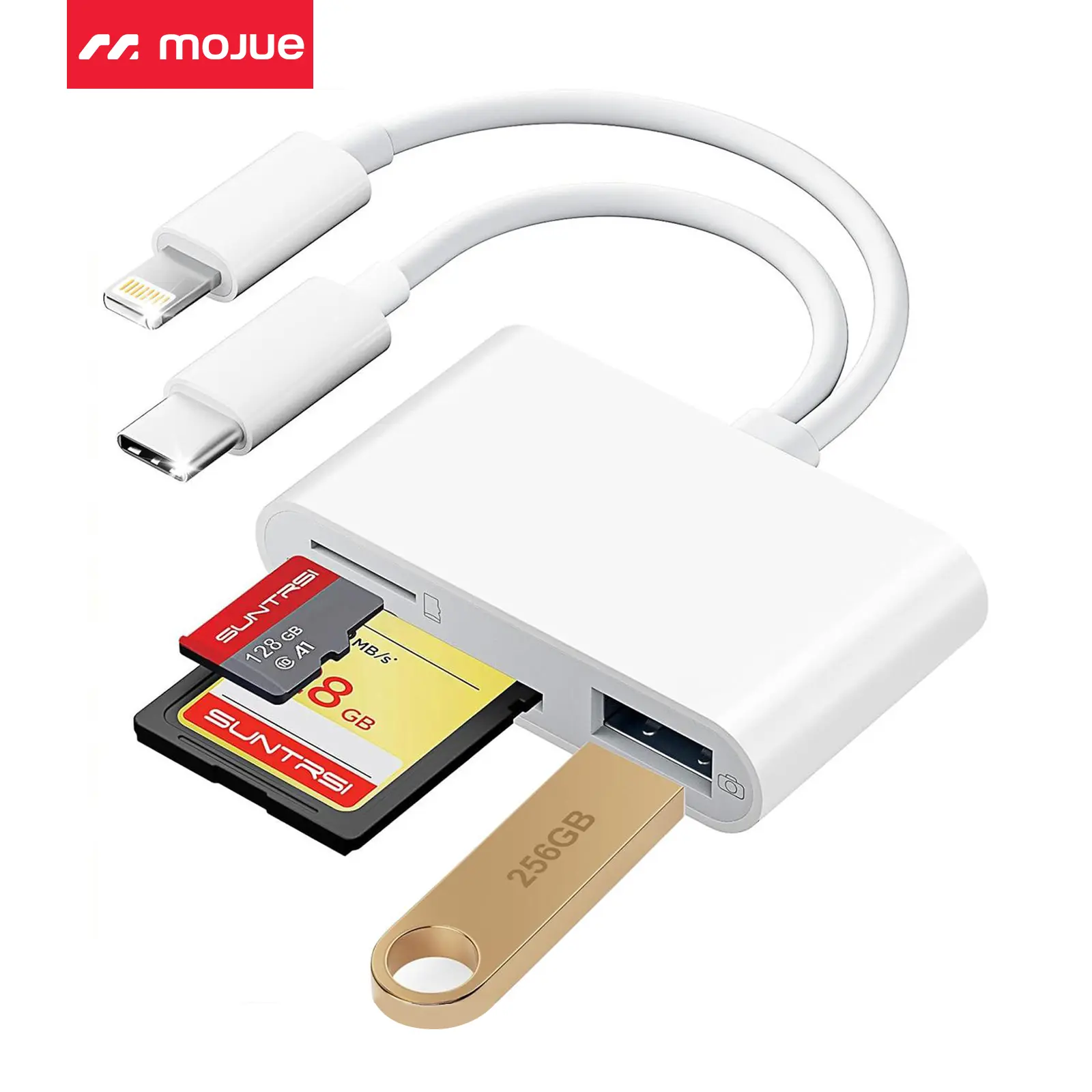Portable MicroSD Card Reader - Dual Connector USB C & iPhone Connector, USB 3.0 Dual-Slot Memory Reader for iPhone/iPad Cameras, Supports SD/TF, Android Devices Compatible, 2-Way Sync & Tracking Camera Viewer