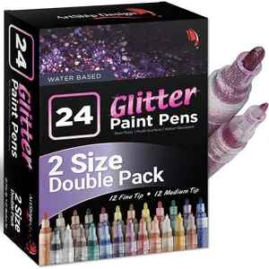 24 Glitter  Pens, Double Pack of Both Extra Fine and Medium Tip  Markers, for Rock Painting, Mug, Ceramic, Glass, and Fabric Painting, Water Based  and No Odor