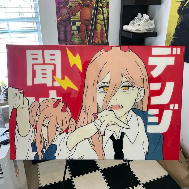 Custom Chainsawman Power Poster Featuring Anime Character Design with Bold Red Background and Yellow Accents