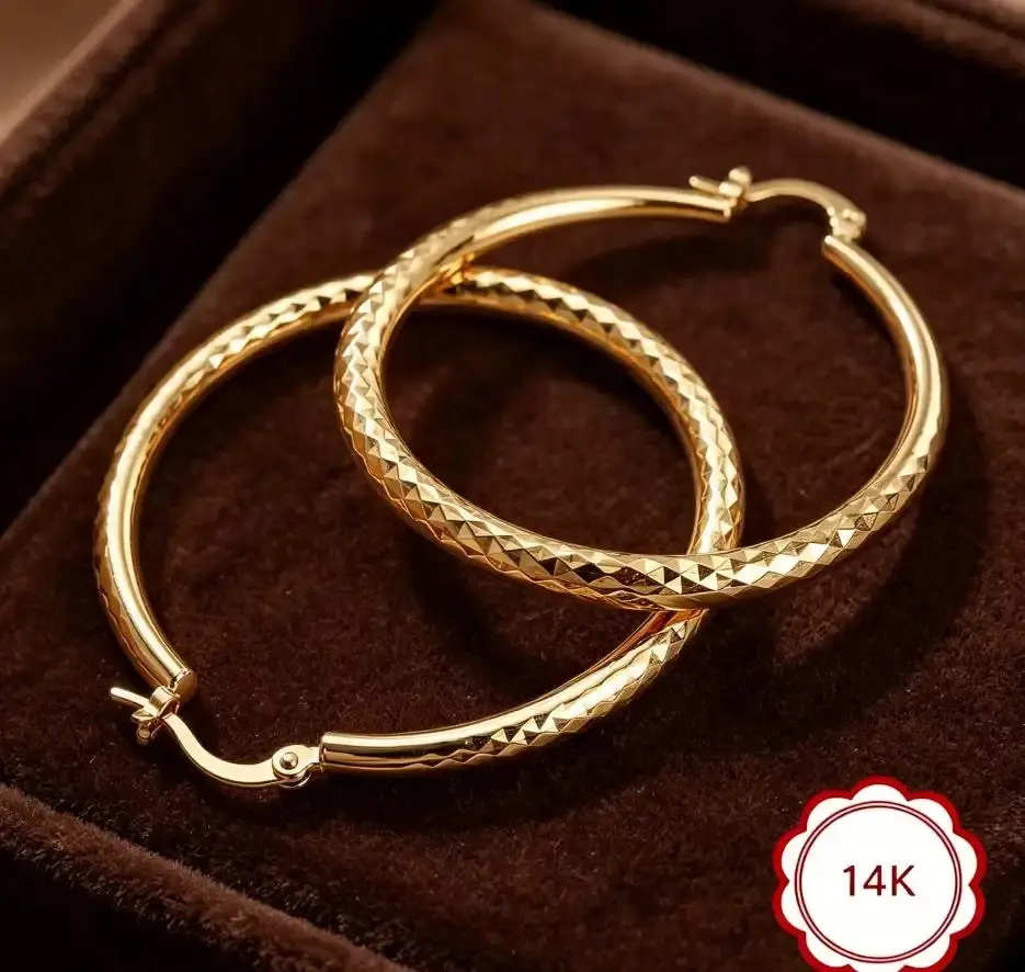 14K Gold Hoop Earrings for Women - Large 50mm (2 Inch) Sparkling Diamond-Cut Textured Hoops, Hypoallergenic for Sensitive Ears, Lightweight Comfortable Wear, Daily Waterproof & Fade Resistant, Secure Click-Top Closure, Perfect for Everyday Office Party