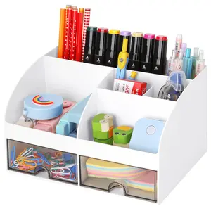 Desk Organizer with 6 Compartments and 2 Drawers, Plastic Makeup Organizer, Pen Holder for Desktop Storage, Desk Organization for School, Home, Office Supplies (White)