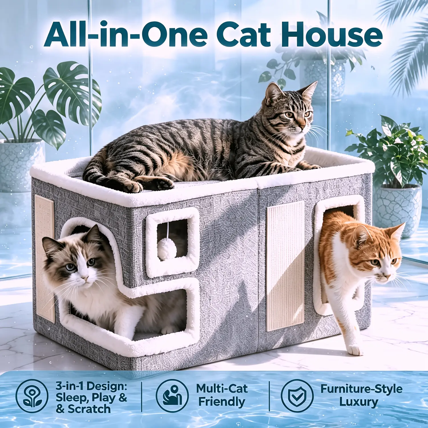 Cat House Indoor Cat Condo Multi-Cat Friendly 3-In-1 Cat Bed Sleep Play Scratch Box Luxury Furniture Style Large Cat Cave Hideaway Cube Wooden Structure Ottoman Pet Playhouse Gray