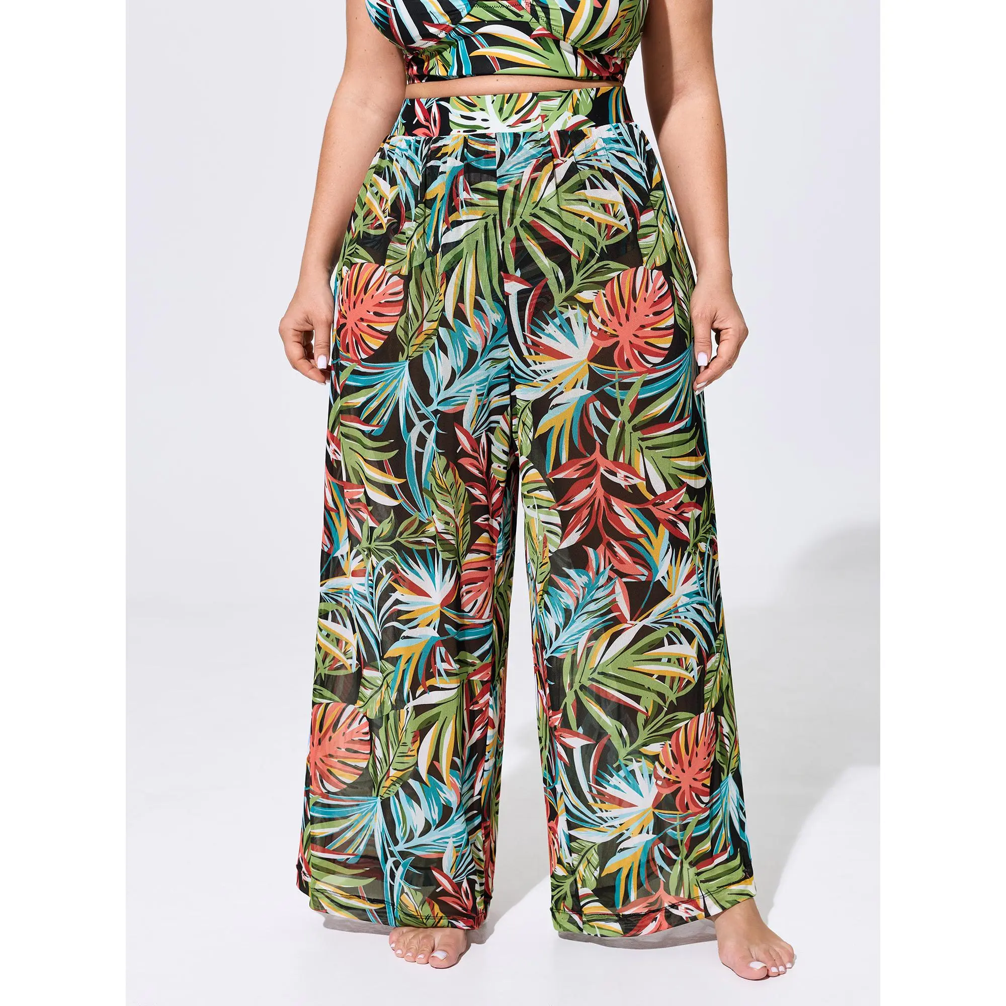 BloomChic Plus Size Tropical Sarong Swim Bottoms, High-Waisted with Tummy Control, Chlorine Resistant Spandex, Swimsuit, Tankini Swimsuit, Fit, High Waist, Tropical Print, Polyester Blend, Sheer Mesh Panel, Cover-Up Bottoms, Garment, 84% Nylon, 16% Spande