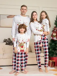 Family Christmas Pajamas Set, Cartoon Smiling Deer Print Top, Striped Plaid Pants, Casual Fitted Sleepwear for All Seasons
