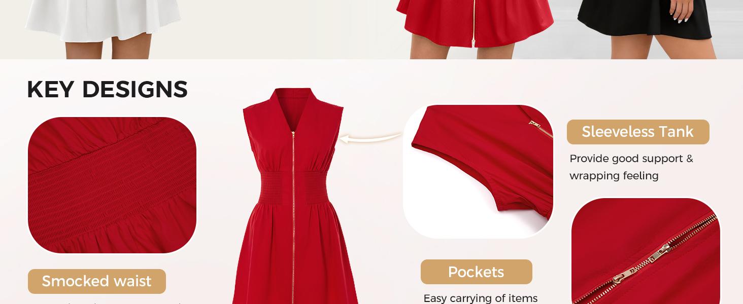 Fisoew Women's Sleeveless Tank Mini Dress Casual Zip Front V Neck Loose Summer Smocked Dresses with Pockets Fisoew Women's Sleeveless Tank Mini Dress Casual Zip Front V Neck Loose Summer Smocked Dresses with Pockets