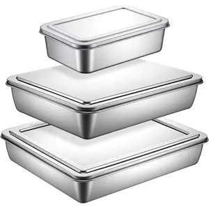 3 Sets Stainless Cake Pan with Lid 13/11/9 Inch Rectangle Baking Non-Stick Bread Loaf Pans Baking Pan with Covers for Cakes, Bread, Vegetables (Silver)