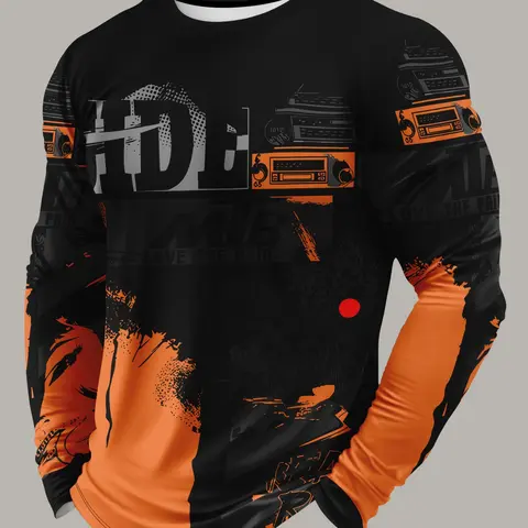 Men's MTB Mountain Bike Riding Shirt, Quick-Dry Breathable Long Sleeve T-Shirt, Trendy Motorcycle Style Graffiti Print Sports Top, Breathable Athletic Top, Premium Outdoor Apparel, Sport Outdoor Clothes, Outdoor Tops, Sportswear Clothing