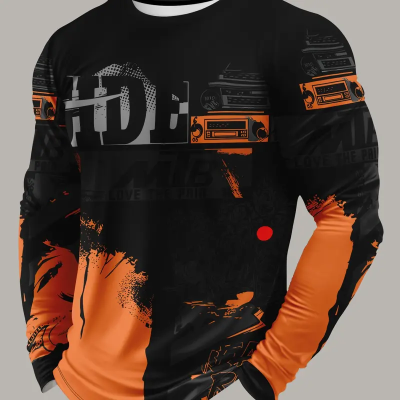 Men's MTB Mountain Bike Riding Shirt, Quick-Dry Breathable Long Sleeve T-Shirt, Trendy Motorcycle Style Graffiti Print Sports Top, Breathable Athletic Top, Premium Outdoor Apparel, Sport Outdoor Clothes, Outdoor Tops, Sportswear Clothing