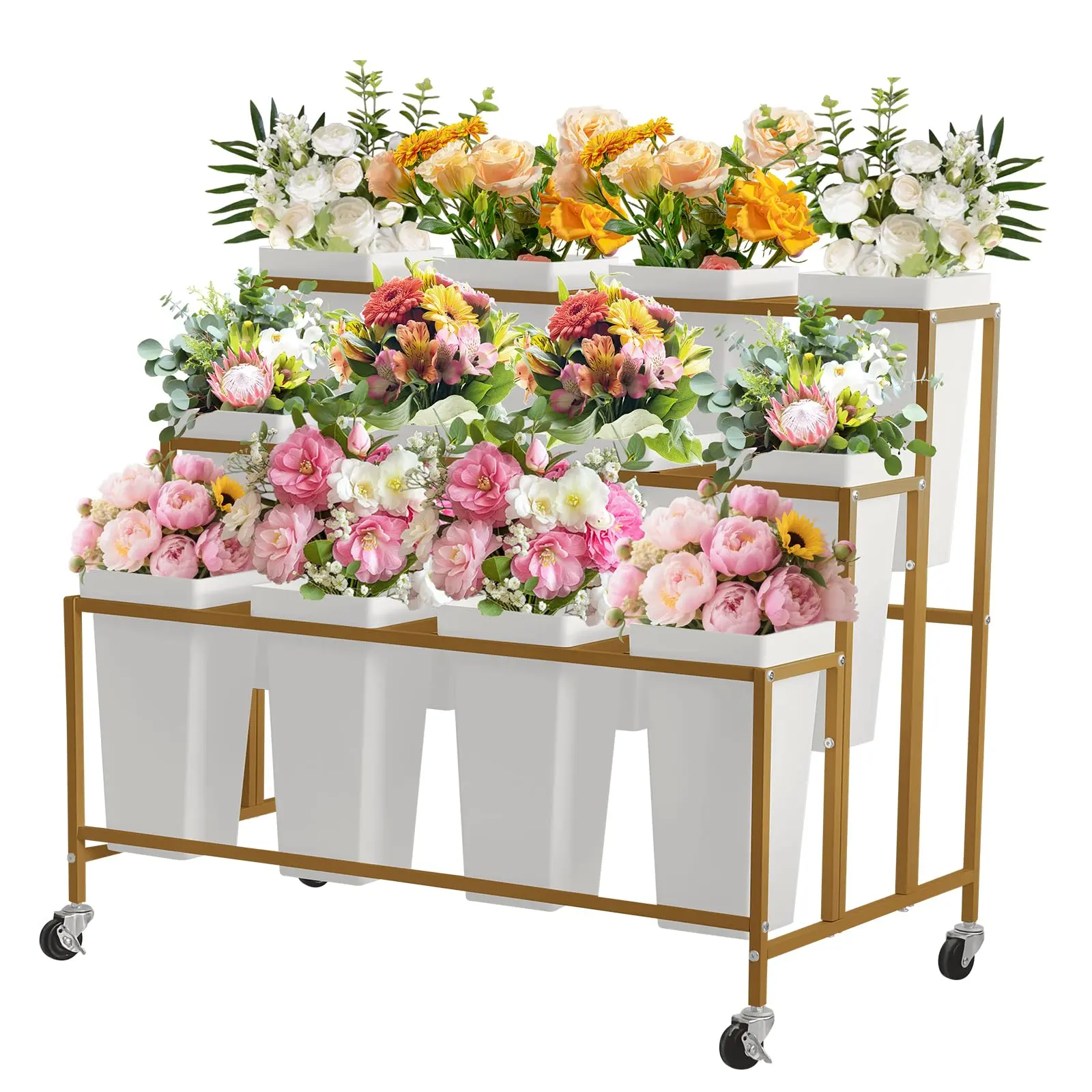 Garvee 3 Tier Flower Display Stand with 12 Round Buckets and Wheels, Mobile Flower Cart for Garden, Wedding, and Flower Shop Use, Elegant Gold Finish