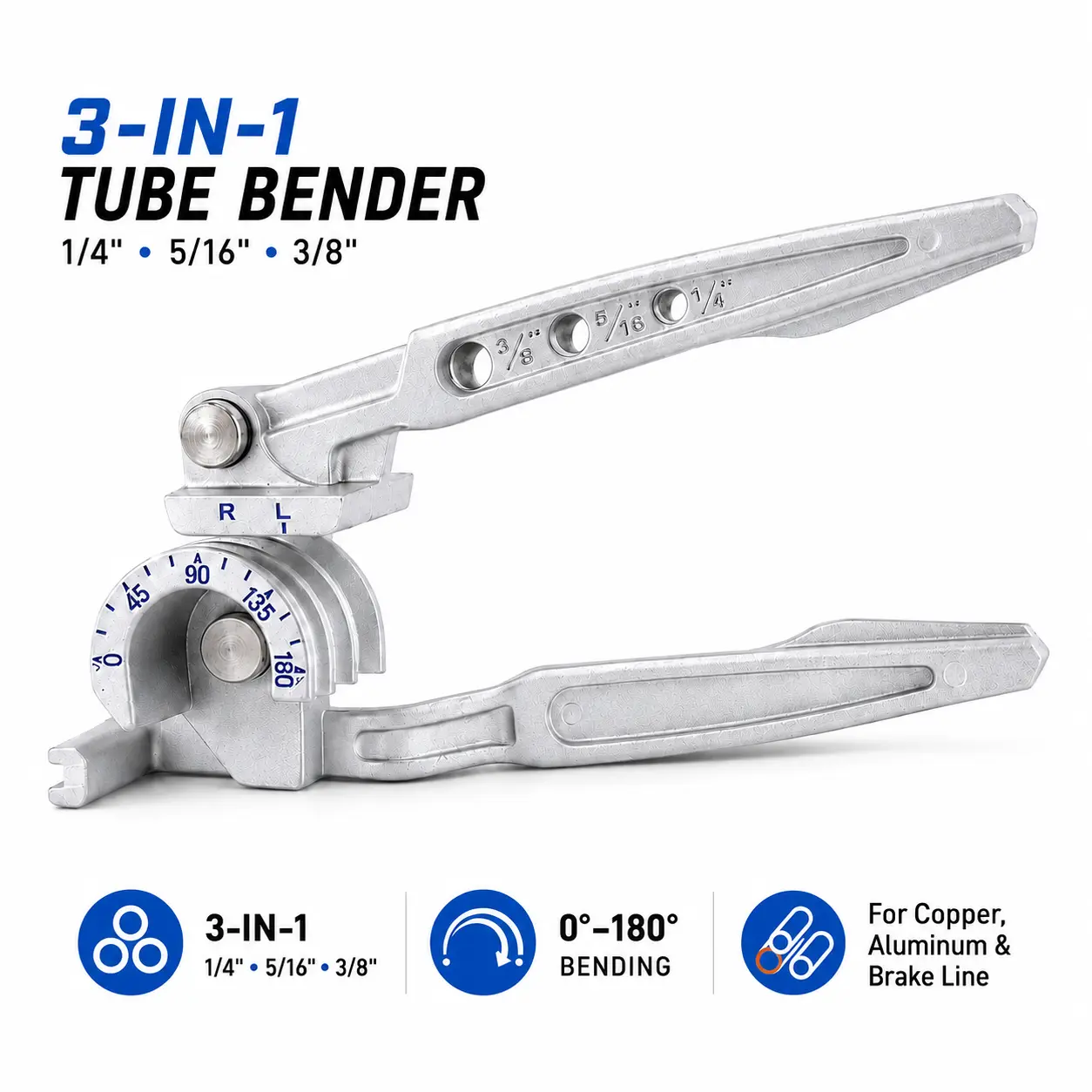 3-in-1 Copper Tube Bender Tool 1/4", 5/16" & 3/8" – 180° Manual Brake Line Bending Tool for Soft Copper, Aluminium & HVAC Tubing