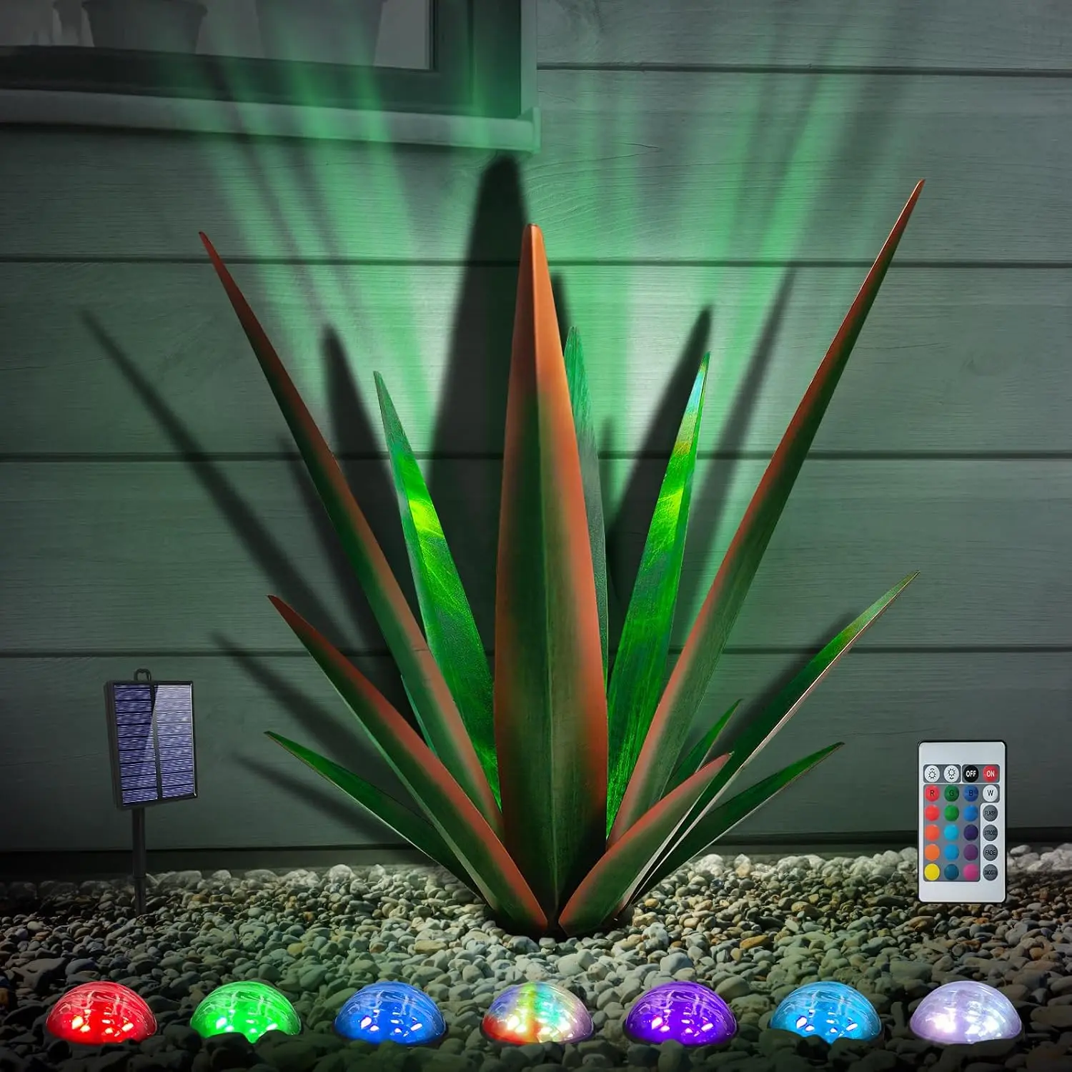 Large  Rustic Sculpture, Rustic Metal Agave  for Outdoor Patio Yard, Home Decor Hand Painted Metal Agave Garden Yard Statue, Outdoor Lawn Ornaments (Green - L (W/Solar Light))