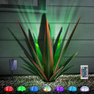 Large  Rustic Sculpture, Rustic Metal Agave  for Outdoor Patio Yard, Home Decor Hand Painted Metal Agave Garden Yard Statue, Outdoor Lawn Ornaments (Green - L (W/Solar Light))