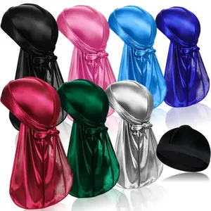 7 PCS Silky Durags with Long Tail and 1 Satin Wave Cap, Do Rags for Men 360 Waves Multicolour