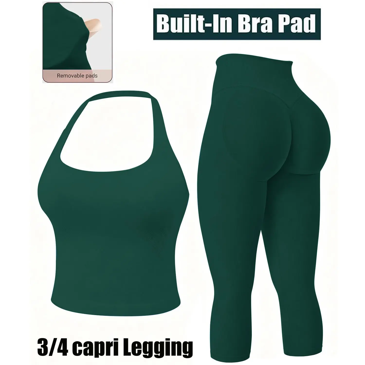 Jetjoy Capri Leggings Going Out Workout matching Sets for Women, Halter Cami Tank Top+Versatile Three-Quarter Shorts Sports Set Butt Lifting Gym Workout Capri Leggings for Women Tummy Control High Waisted Scrunch Butt Seamless Impact  Yoga Capri Pants