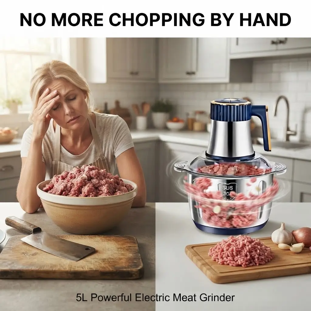 Stainless Steel Electric Meat Grinder - 1.32 Gal Large Capacity, 5-Speed Kitchen Food Processor with Blender, Filler, Garlic & Chili Grinding Functions for Versatile Kitchen Needs sohochic