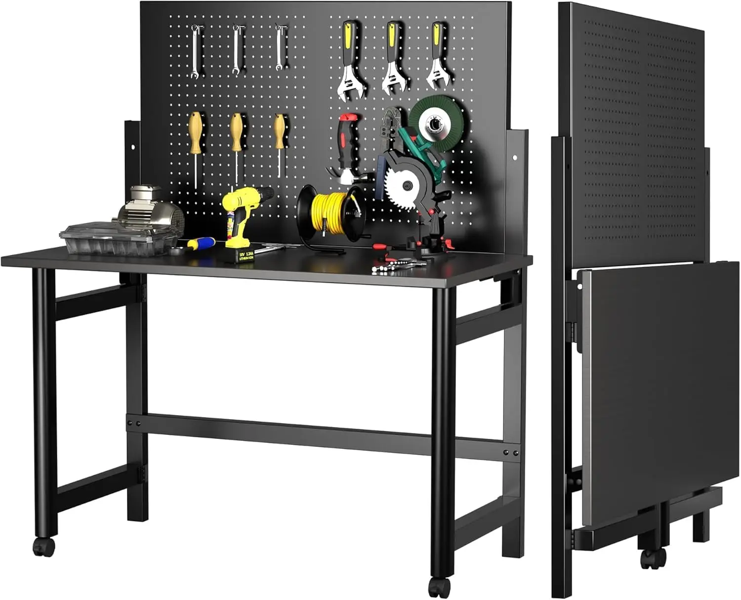 Garvee Heavy-Duty Foldable Wall-Mounted Workbench with Pegboard, 2000Lb Capacity Steel Work Table for Garage, Workshop, Warehouse, Home, Space-Saving Tool Storage in Black