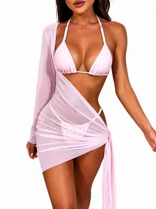 Women's 3 PiecesBeaded Swimwear Set Including Shoulder Strap Mesh Coverup, Sexy & Chic, Suitable For Vacation, Tie-Up Details