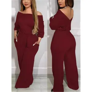 Women's Off Shoulder V-Back Stretchy Waist Pocket Design Jumpsuit Comfortable Womenswear Overalls Backless Collar
